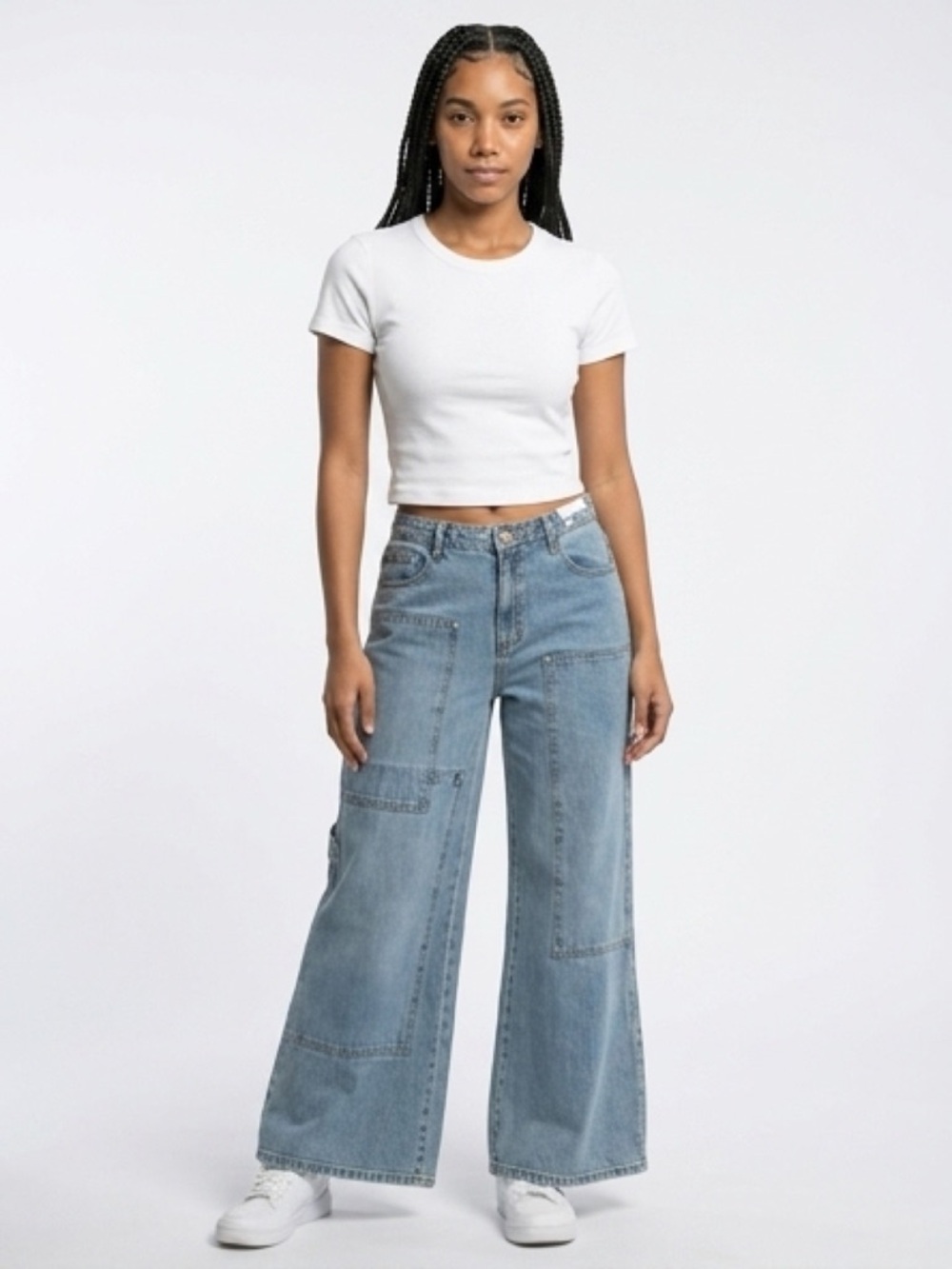 Wide Leg Patchwork Jeans in Light Blue